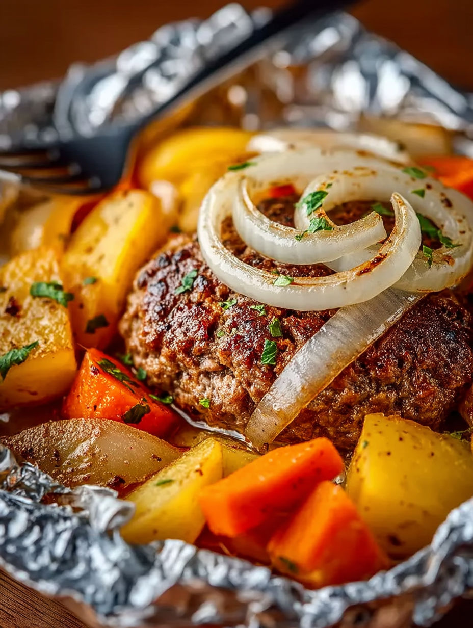 Hamburger with onions and carrots.