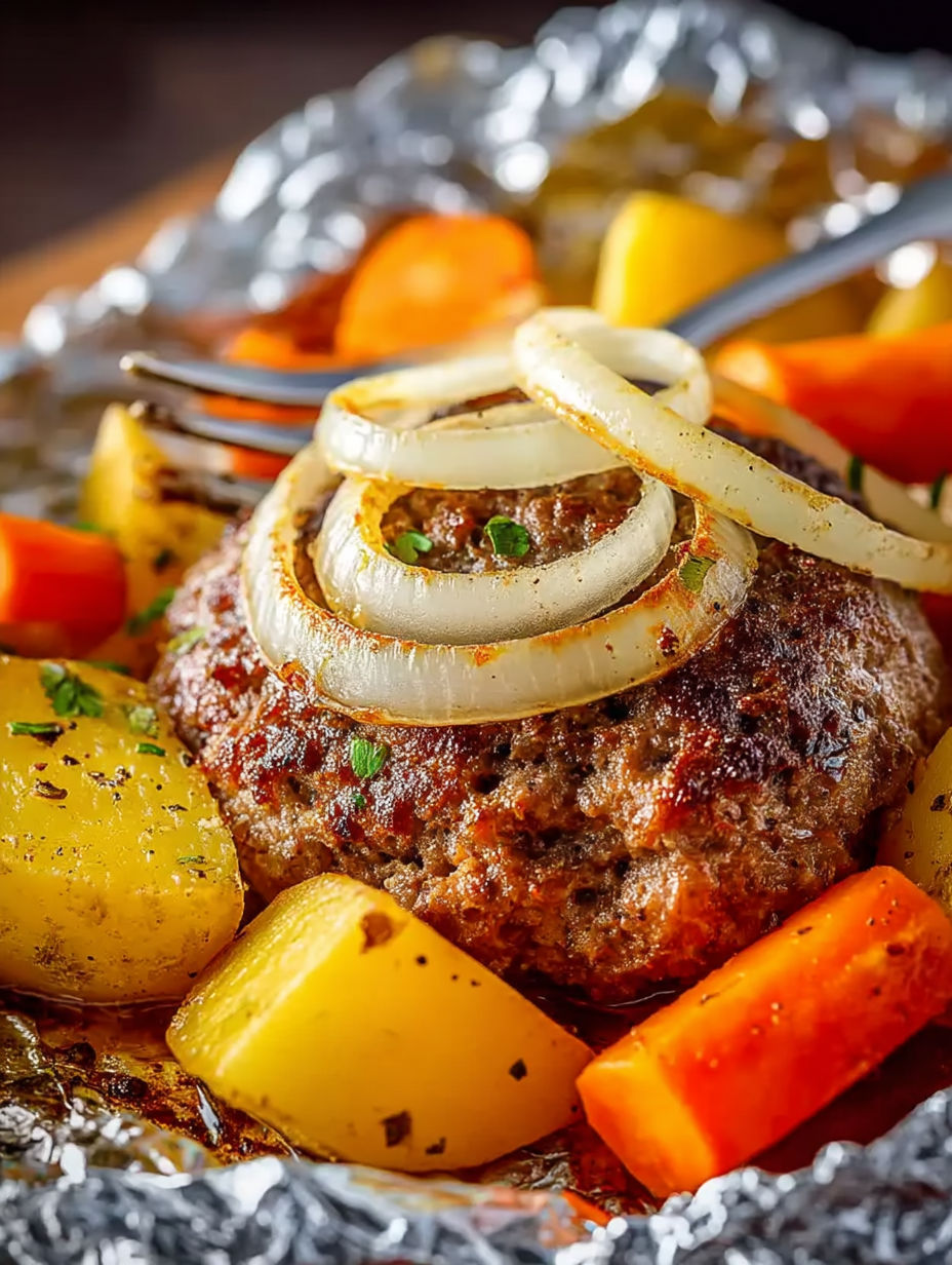 Hamburger with onions and carrots.