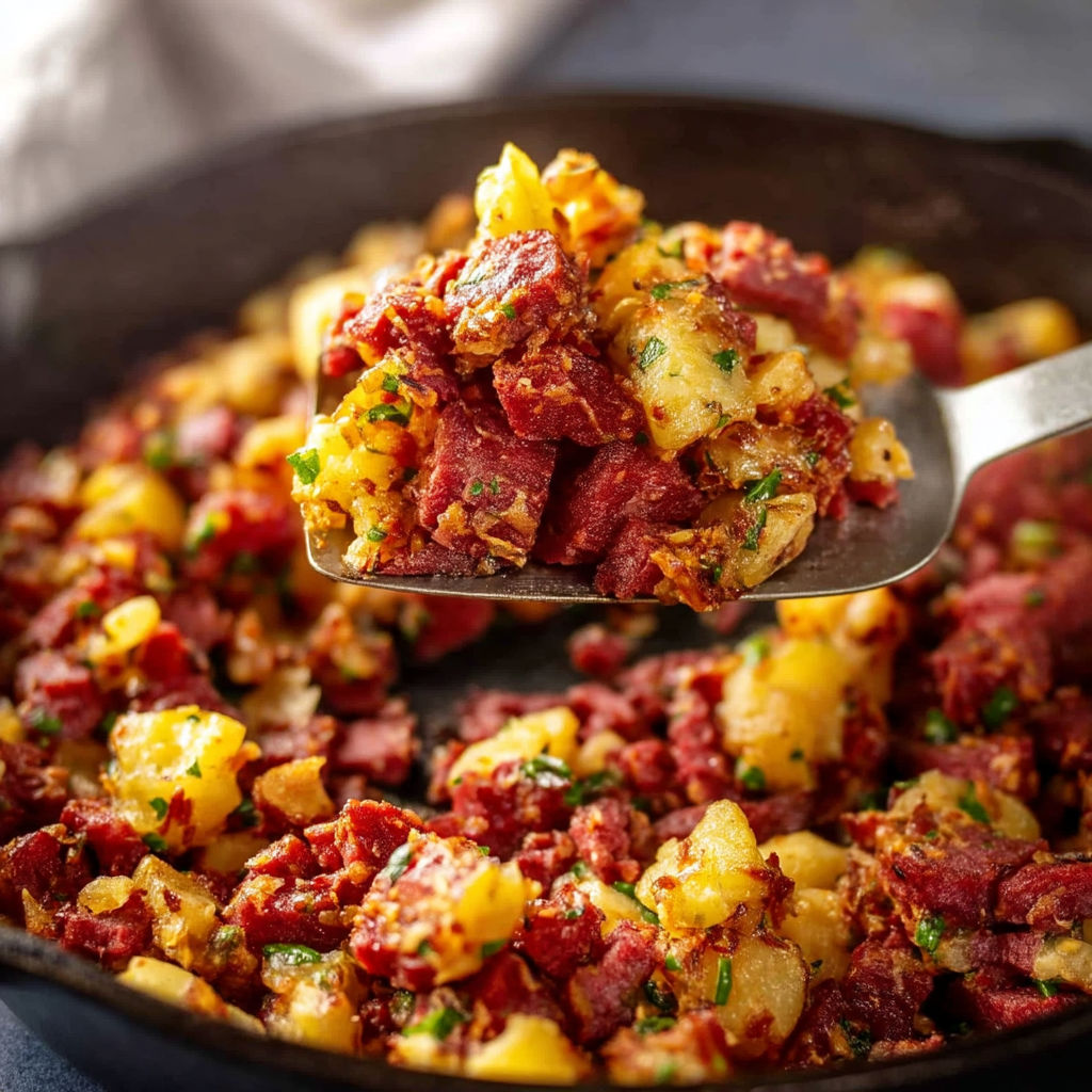 A spoon is in a bowl of corned beef hash.