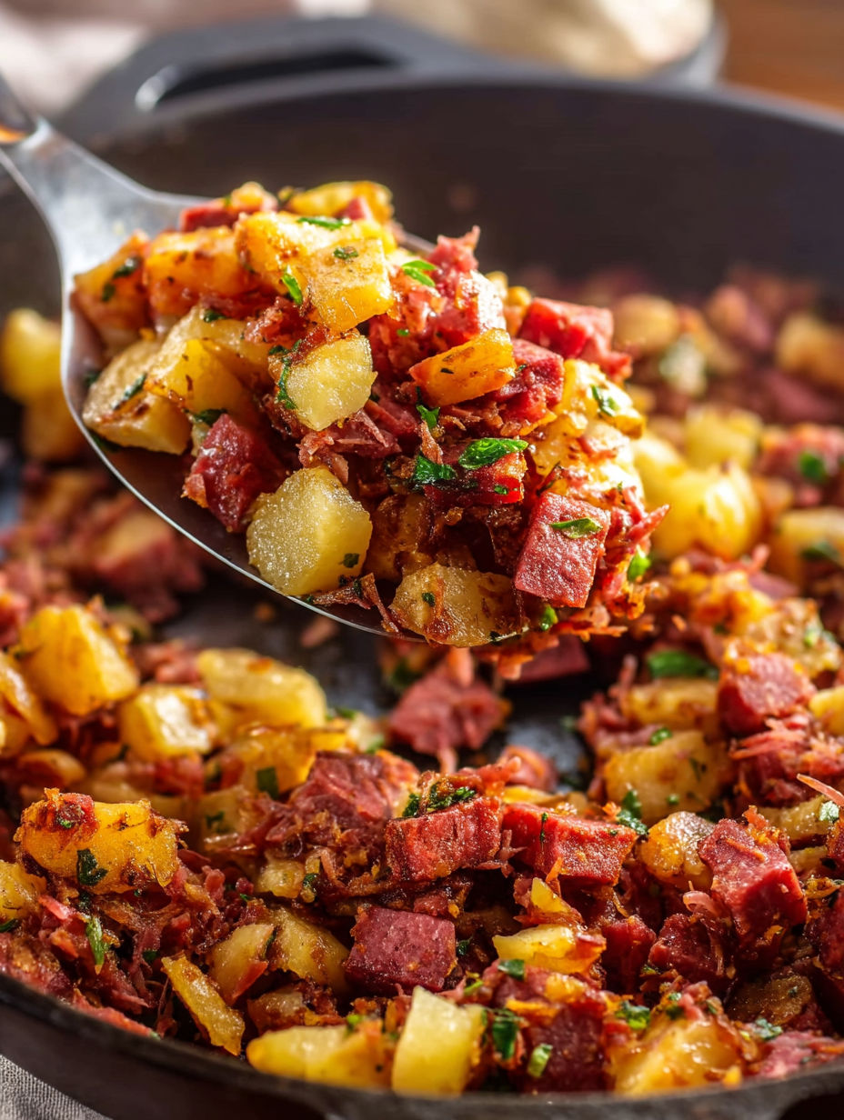 A spoonful of corned beef hash.