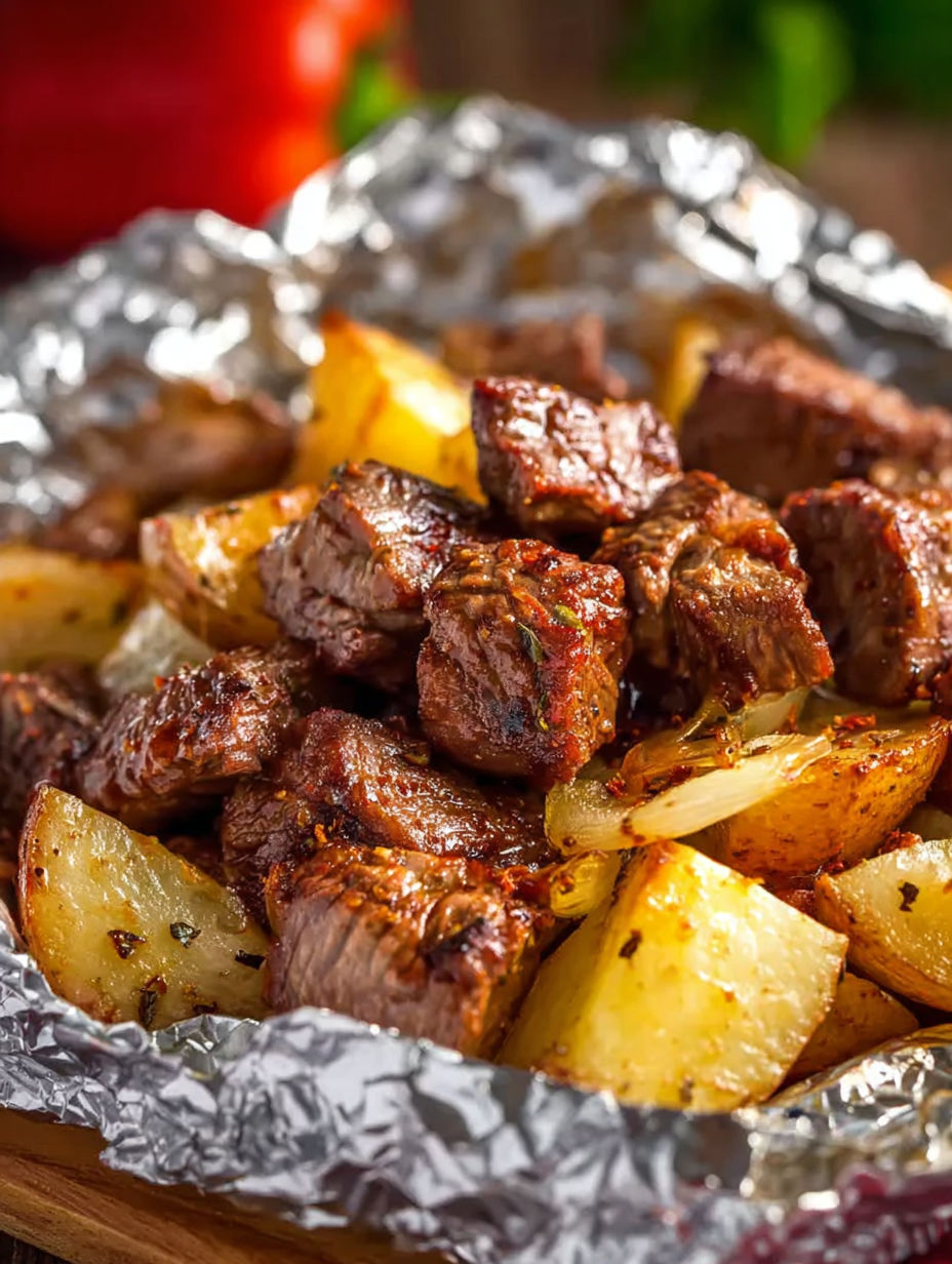 A close up of a grilled steak and potato packets.