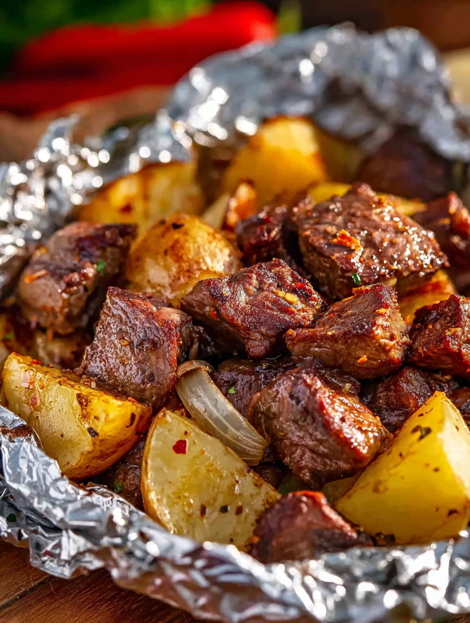 A close up of a grilled steak and potato packets.