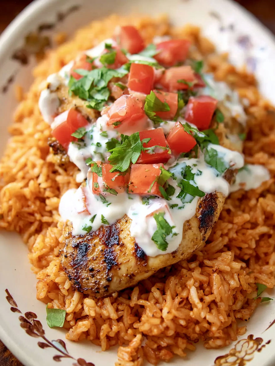 Grilled Pollo Loco with rice and tomatoes.