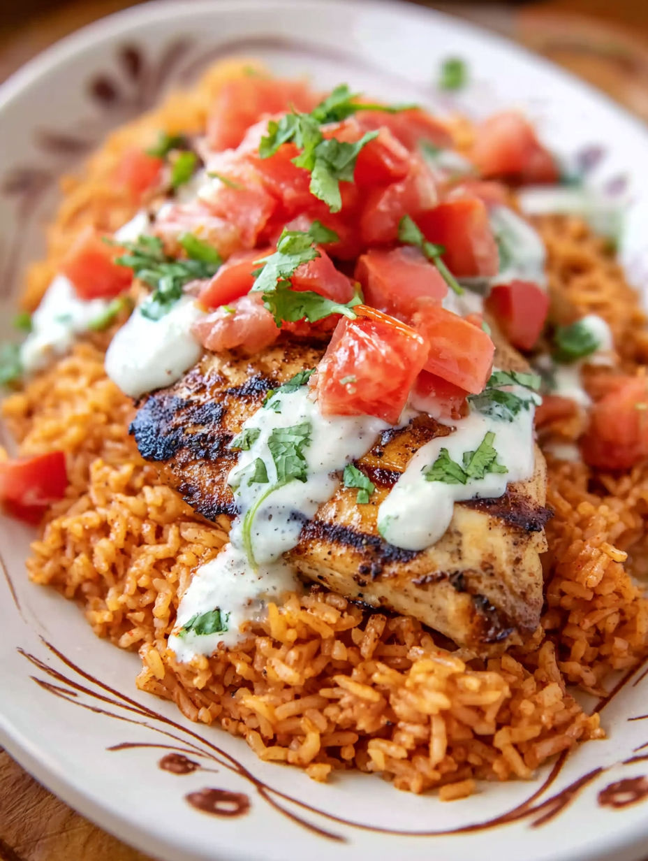 A plate of grilled chicken with tomatoes and rice.