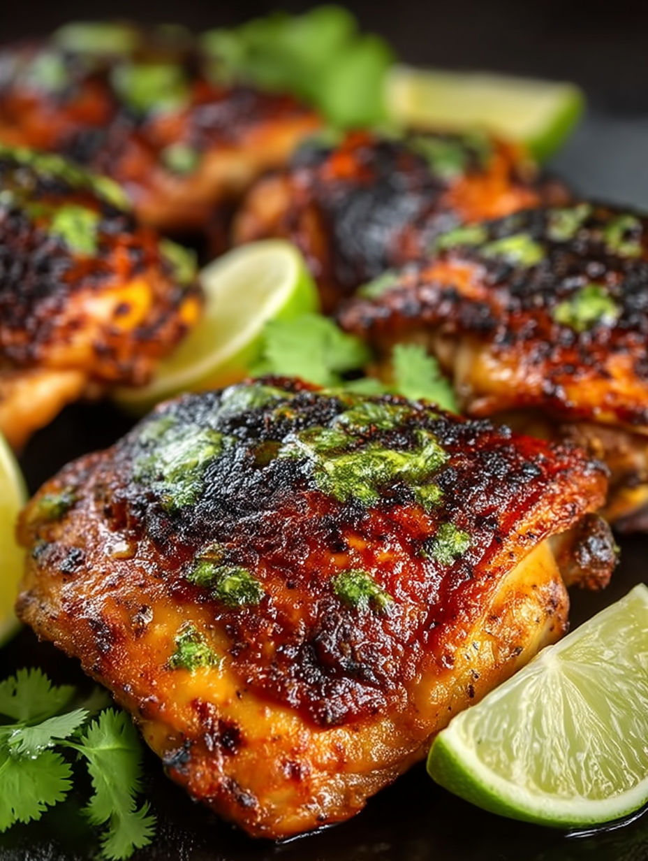 A plate of chicken with cilantro and lime.