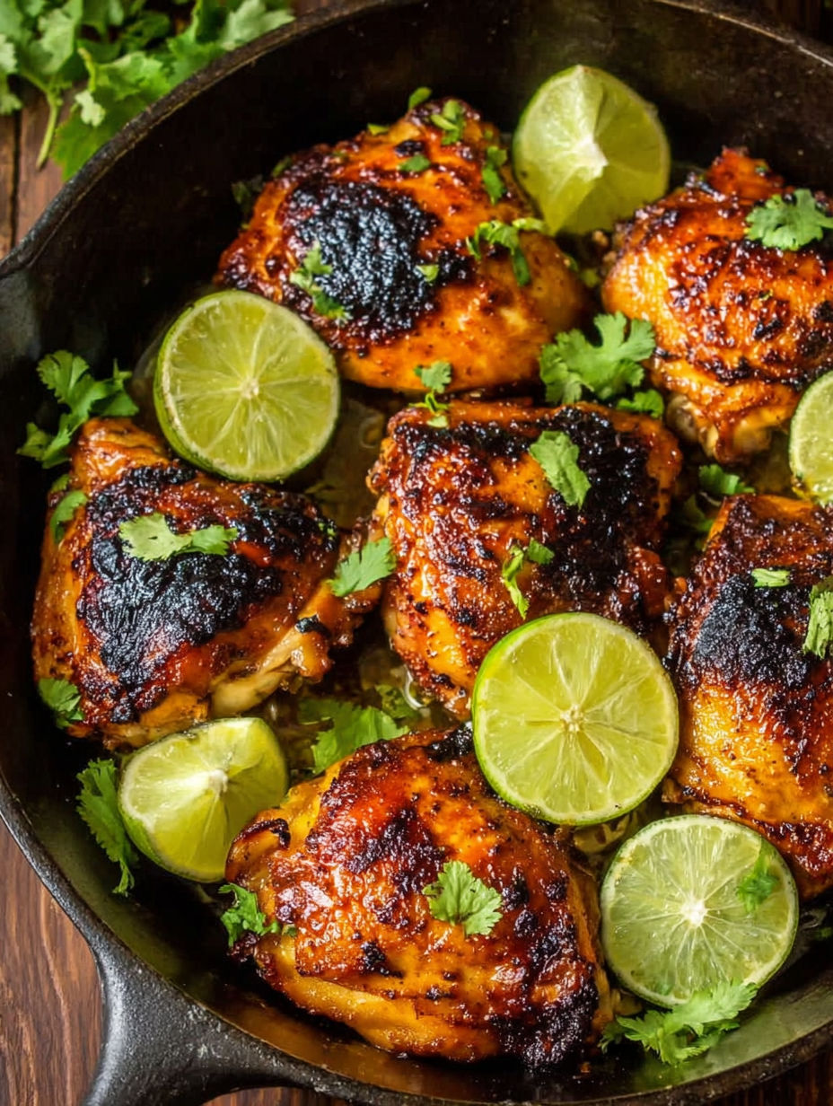 A pan of chicken with lime and cilantro.