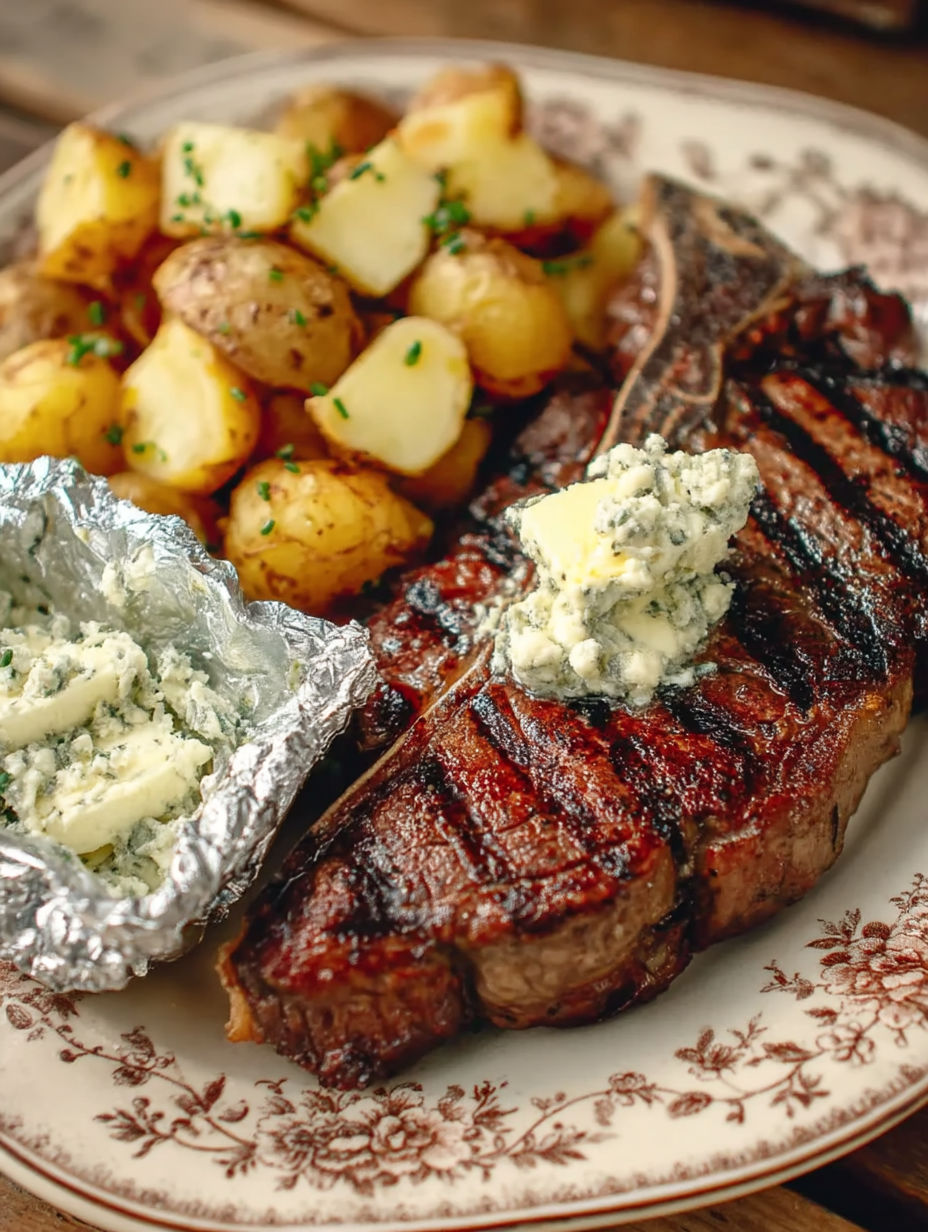 A piece of meat with blue cheese on top.