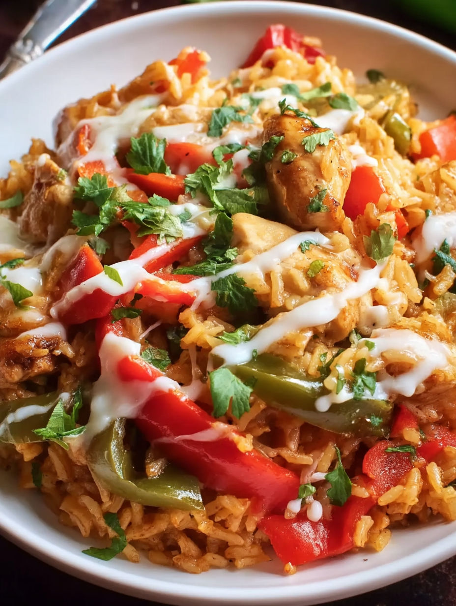 A plate of rice with chicken and peppers.