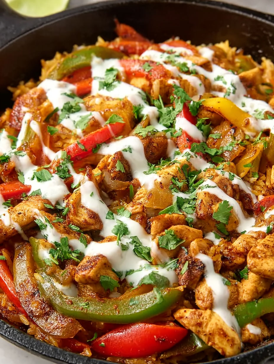 A dish of chicken and peppers with a white sauce.