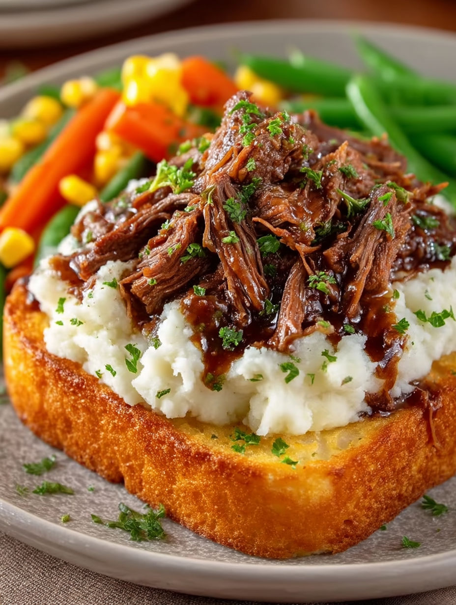 A plate of food with a beef manhattan on top.