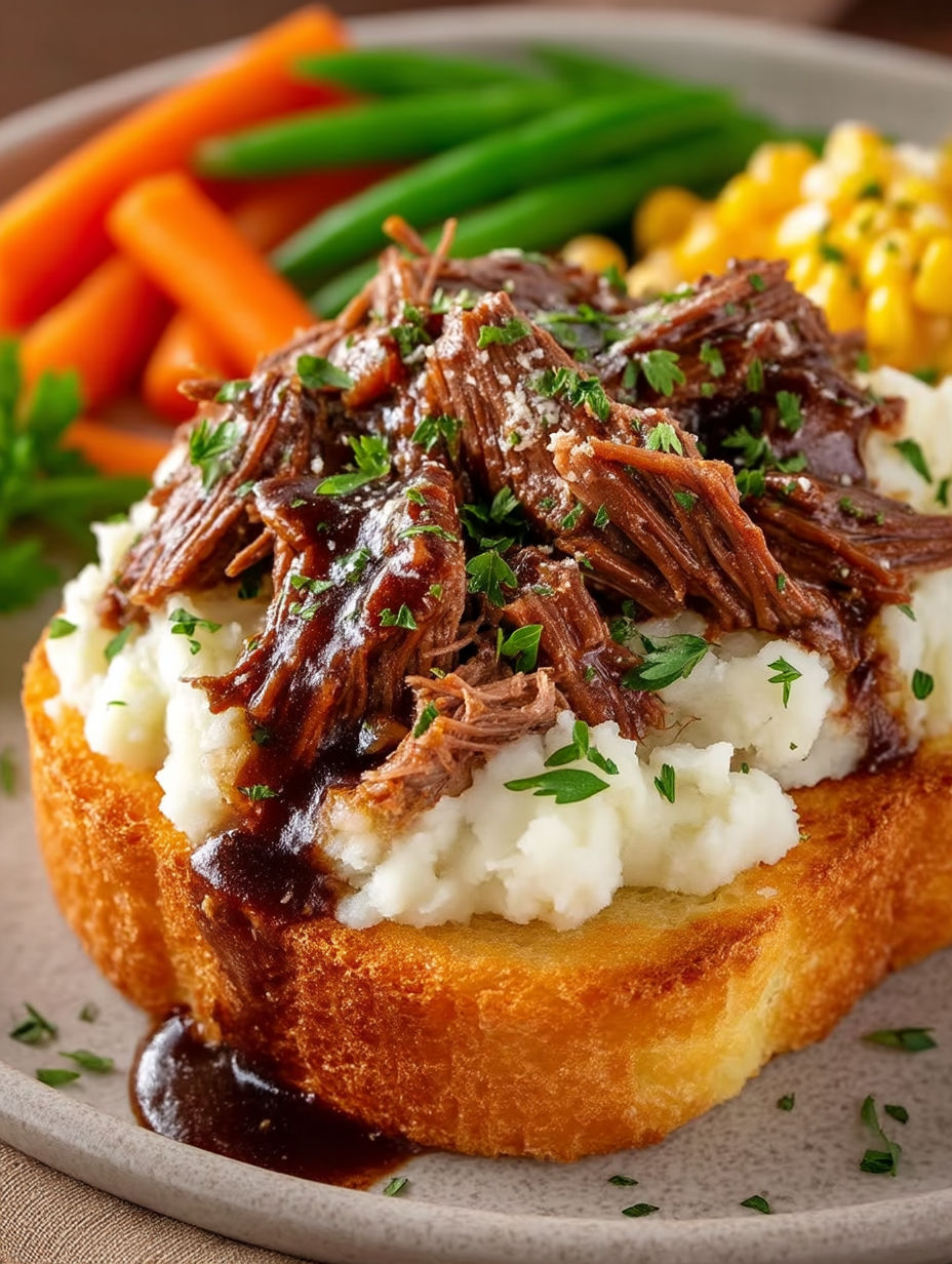 A close up of a beef manhattan with mashed potatoes and carrots.