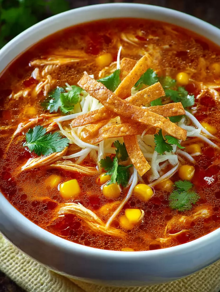 A bowl of soup with tortilla chips on top.