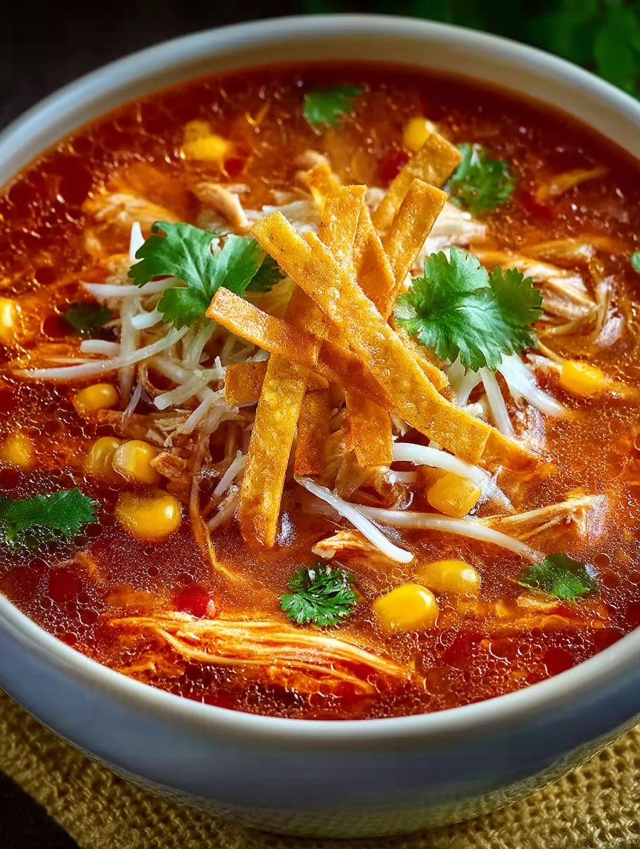 A bowl of chicken tortilla soup with chips on top.