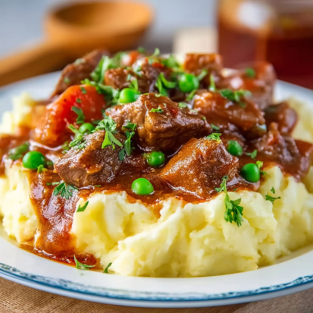 A plate of beef stew with peas and tomatoes.