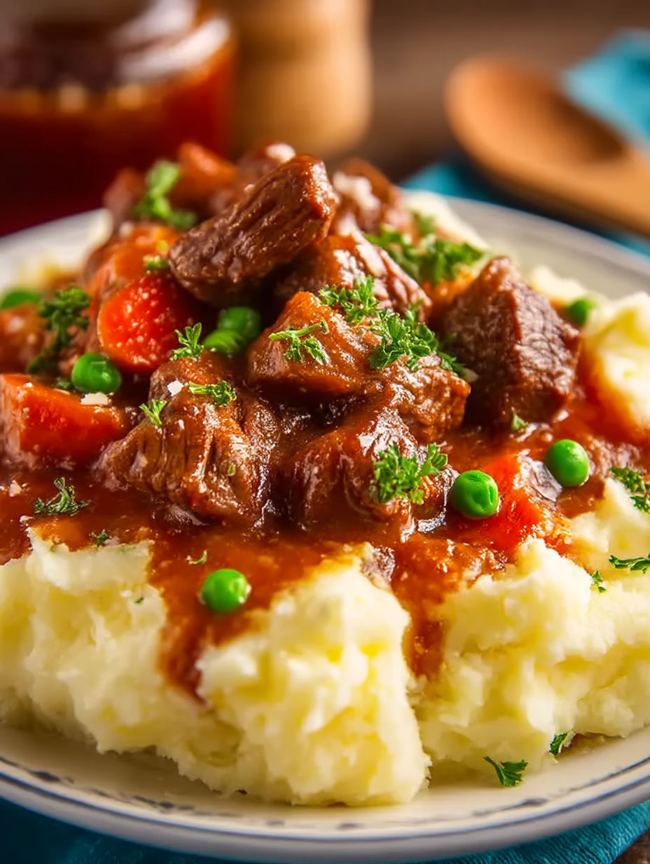 A plate of beef stew with peas and carrots.