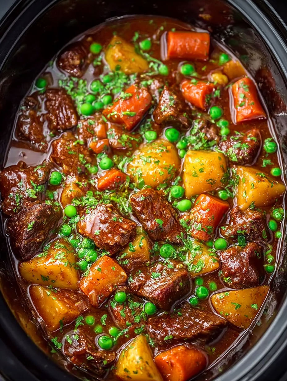 A crock pot filled with beef stew.