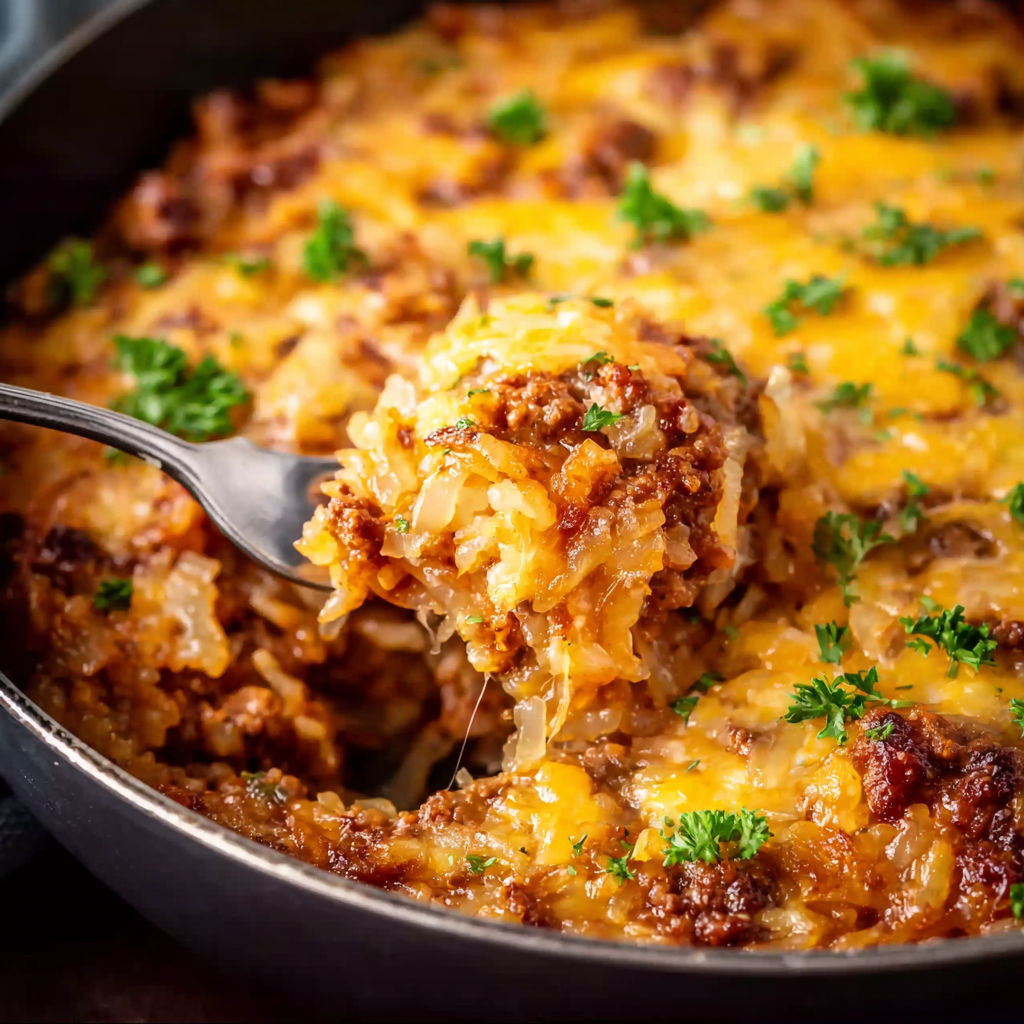 A close up of a crock pot sloppy joe hash brown casserole.