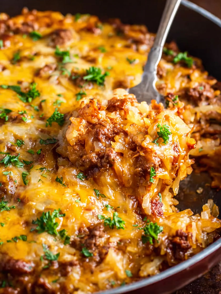 A close up of a delicious crock pot sloppy joe hash brown casserole.