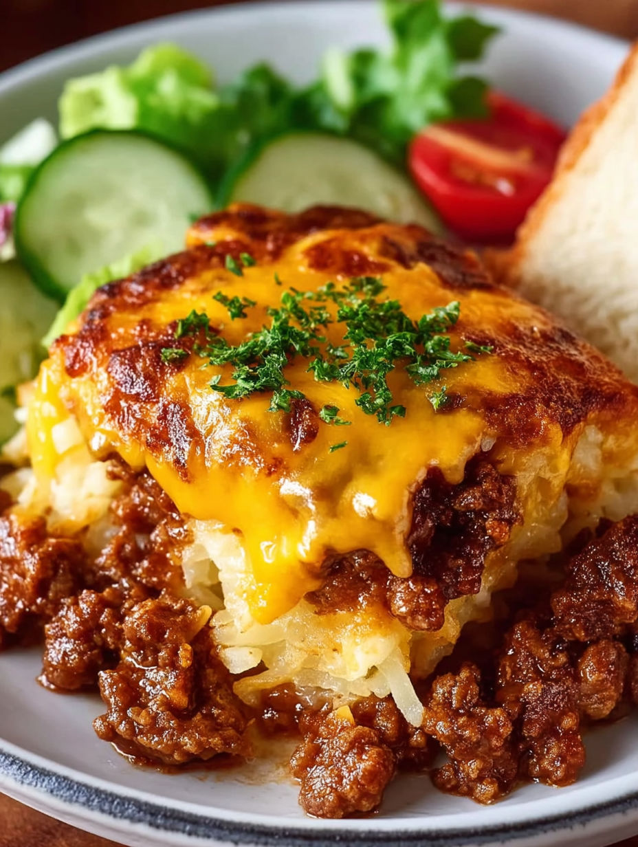 A plate of food with a crock pot sloppy joe hash brown casserole.