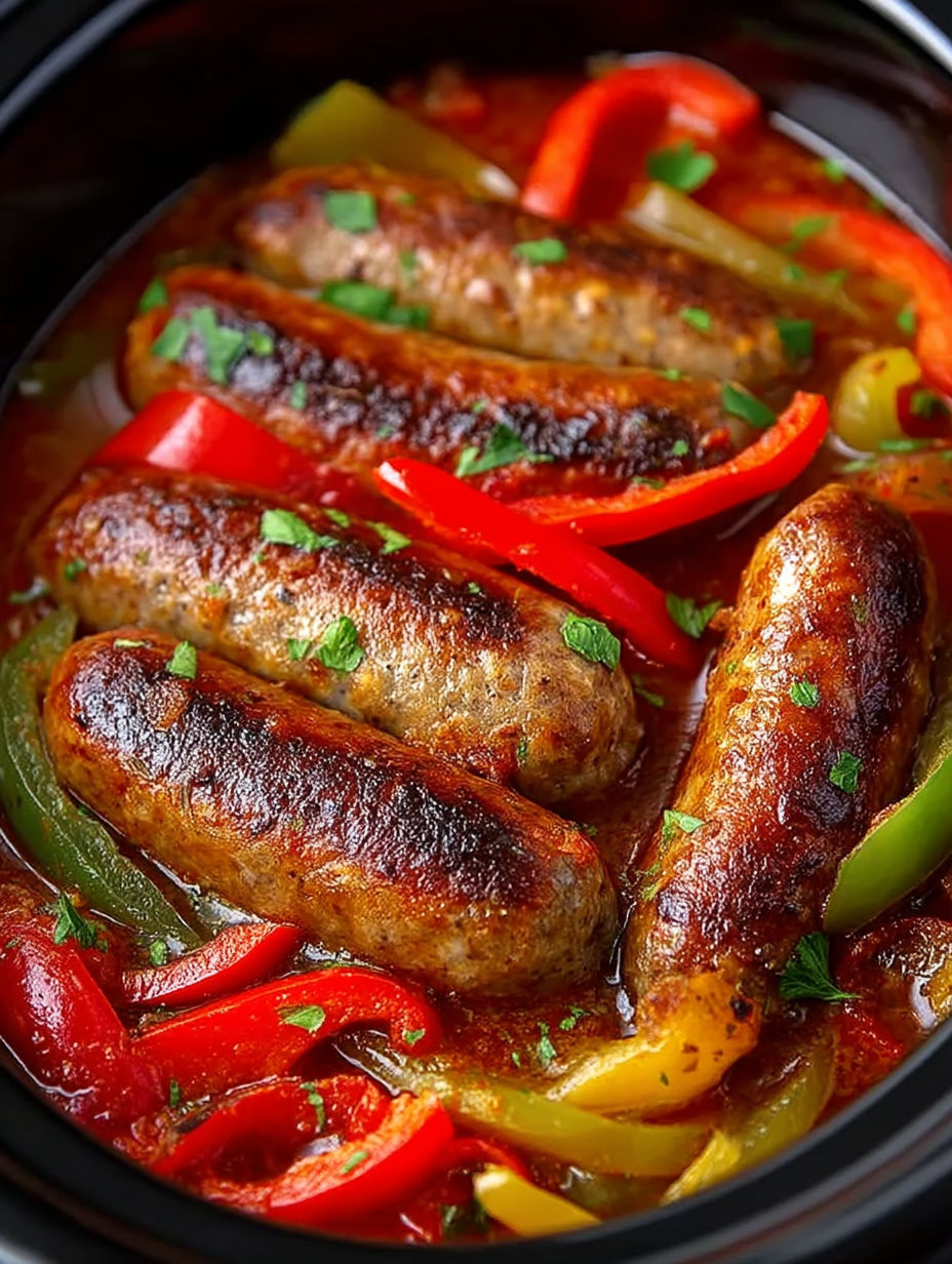 A crock pot filled with sausage and peppers.