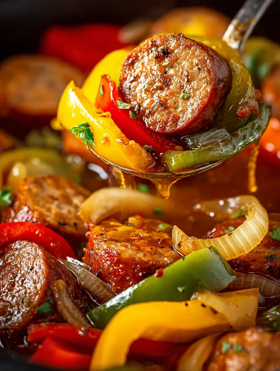 A close up of a crock pot with sausage and peppers.