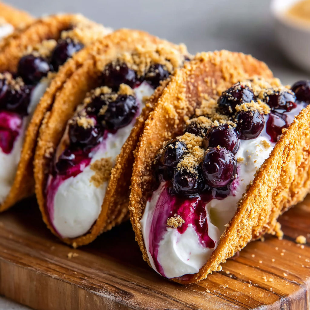 A taco shell with blueberries and whipped cream on top.