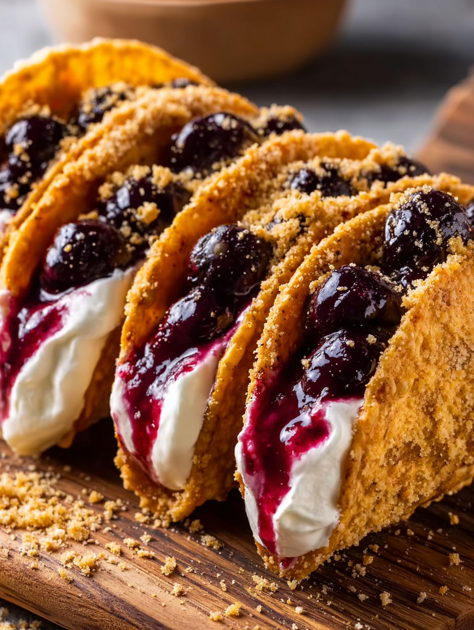 A taco shell with blueberries and whipped cream on top.