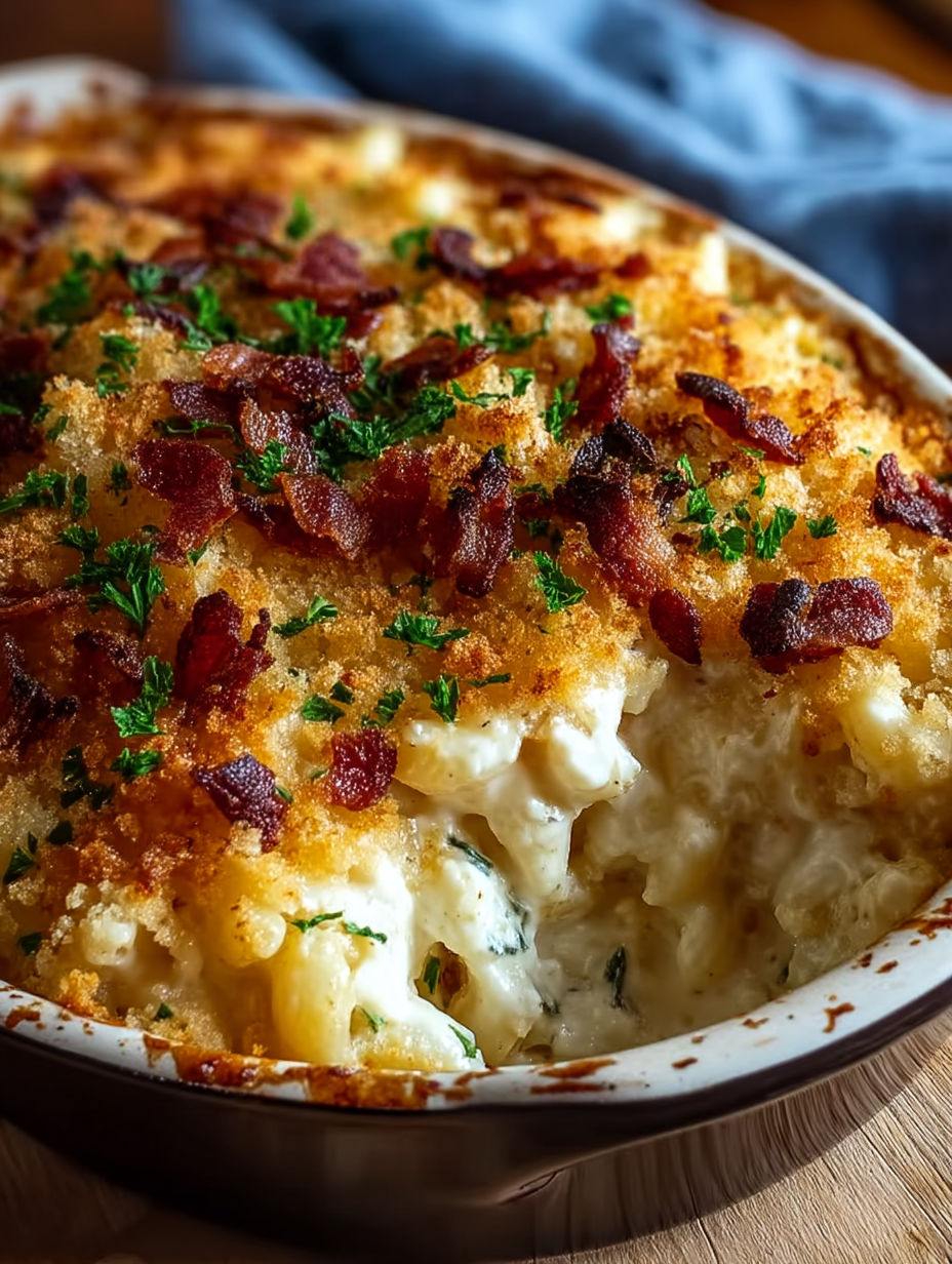 A close up of a casserole dish with bacon and cheese.
