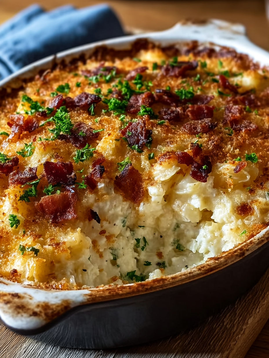 A casserole dish with bacon, cheese, and green onions.