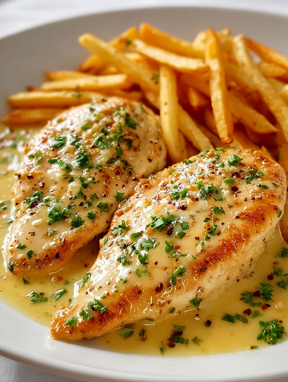 A plate of garlic Parmesan chicken with fries.