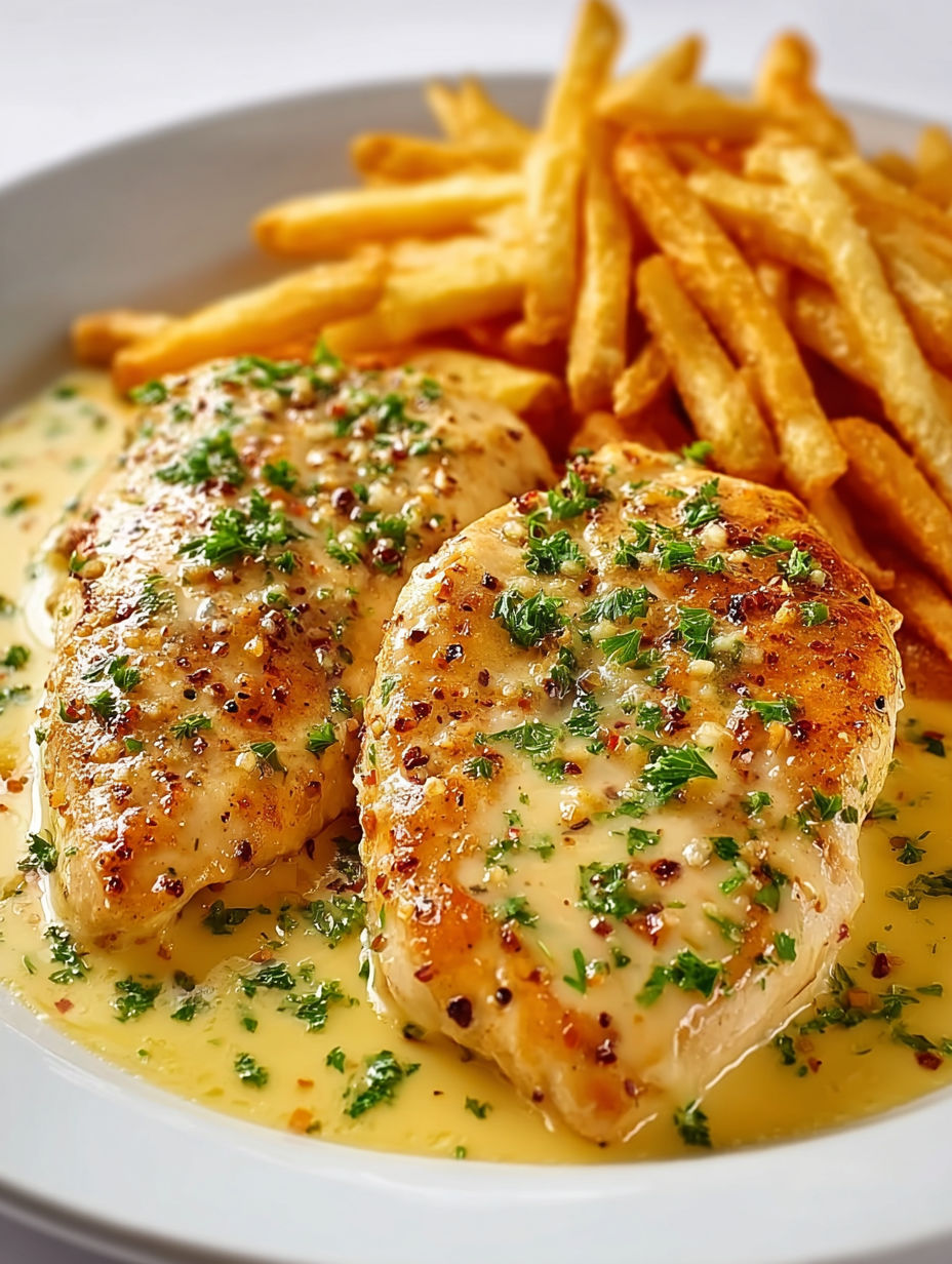 A plate of garlic parmesan chicken with fries.