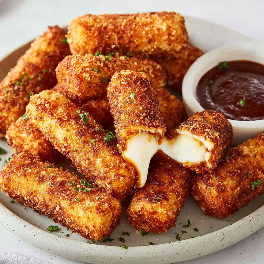 A plate of crispy Nashville hot mozzarella sticks.