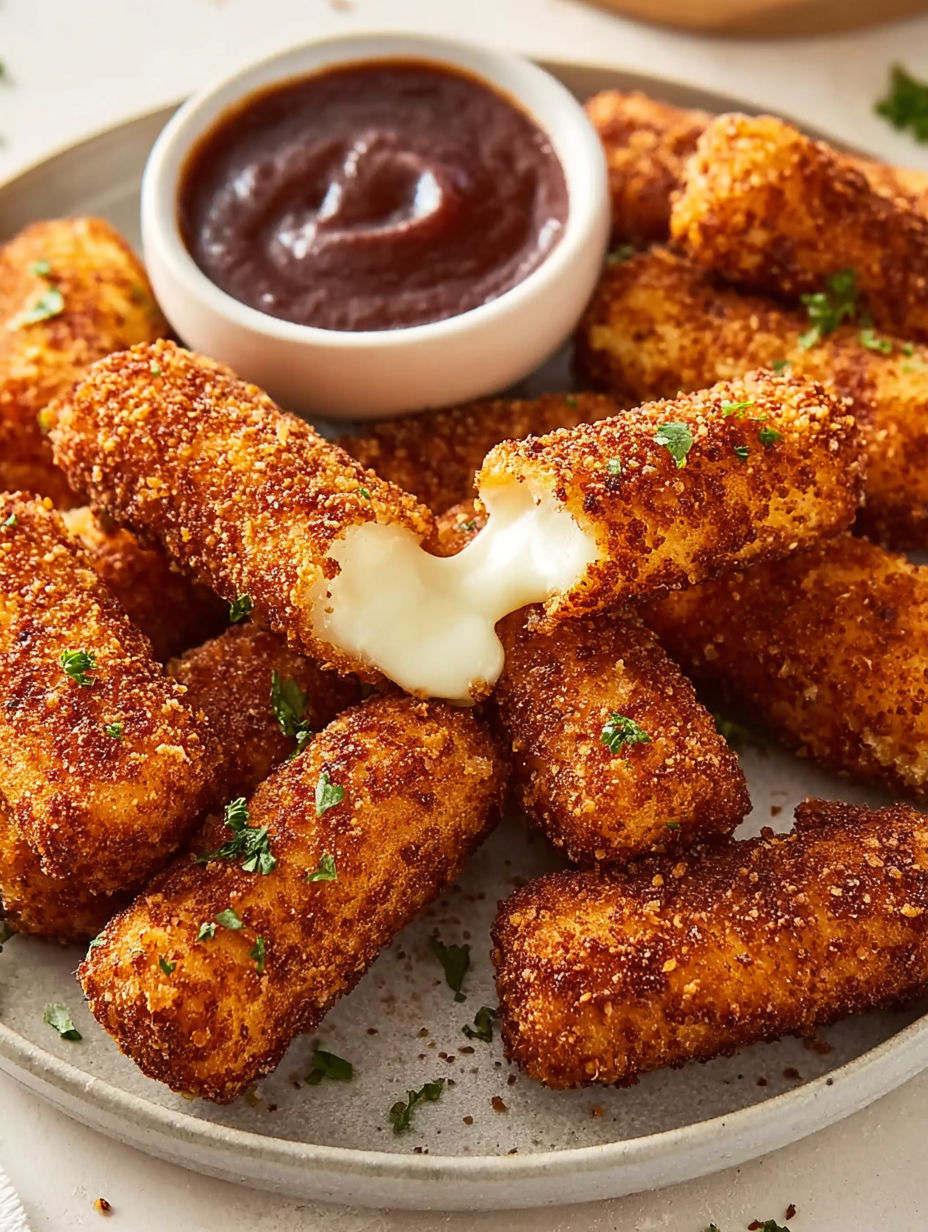 A plate of crispy Nashville hot mozzarella sticks.
