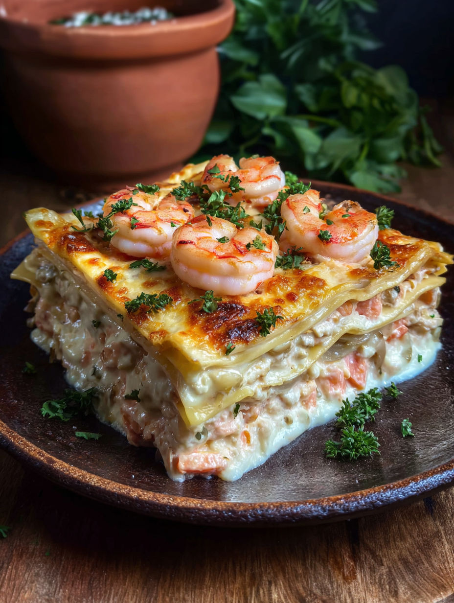 A seafood lasagna with shrimp and crab on top.