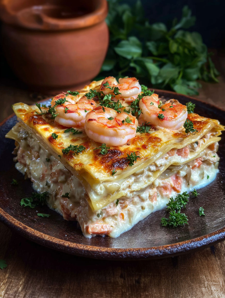A plate of seafood lasagna with shrimp and crab on top.