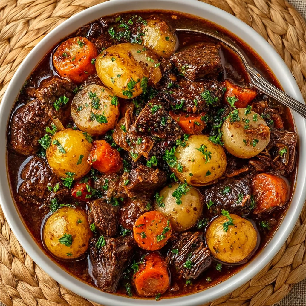 A bowl of beef bourguignon with potatoes and carrots.