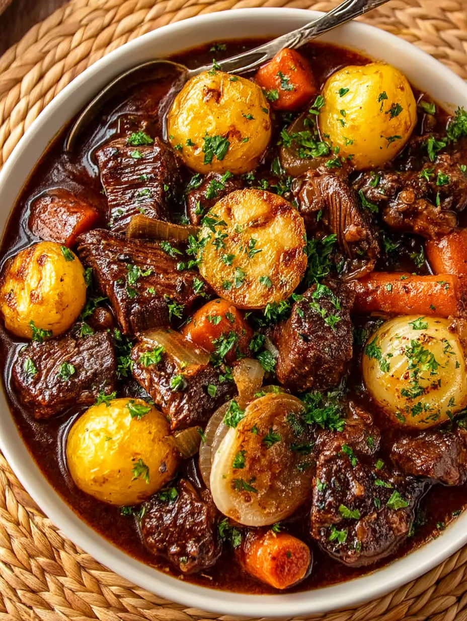 A bowl of stew with meat and vegetables.