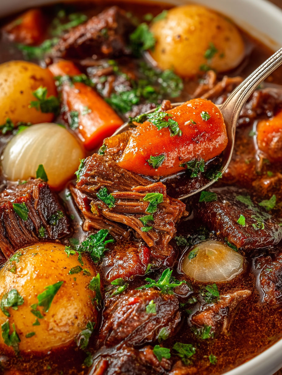 A spoonful of beef stew with carrots and onions.