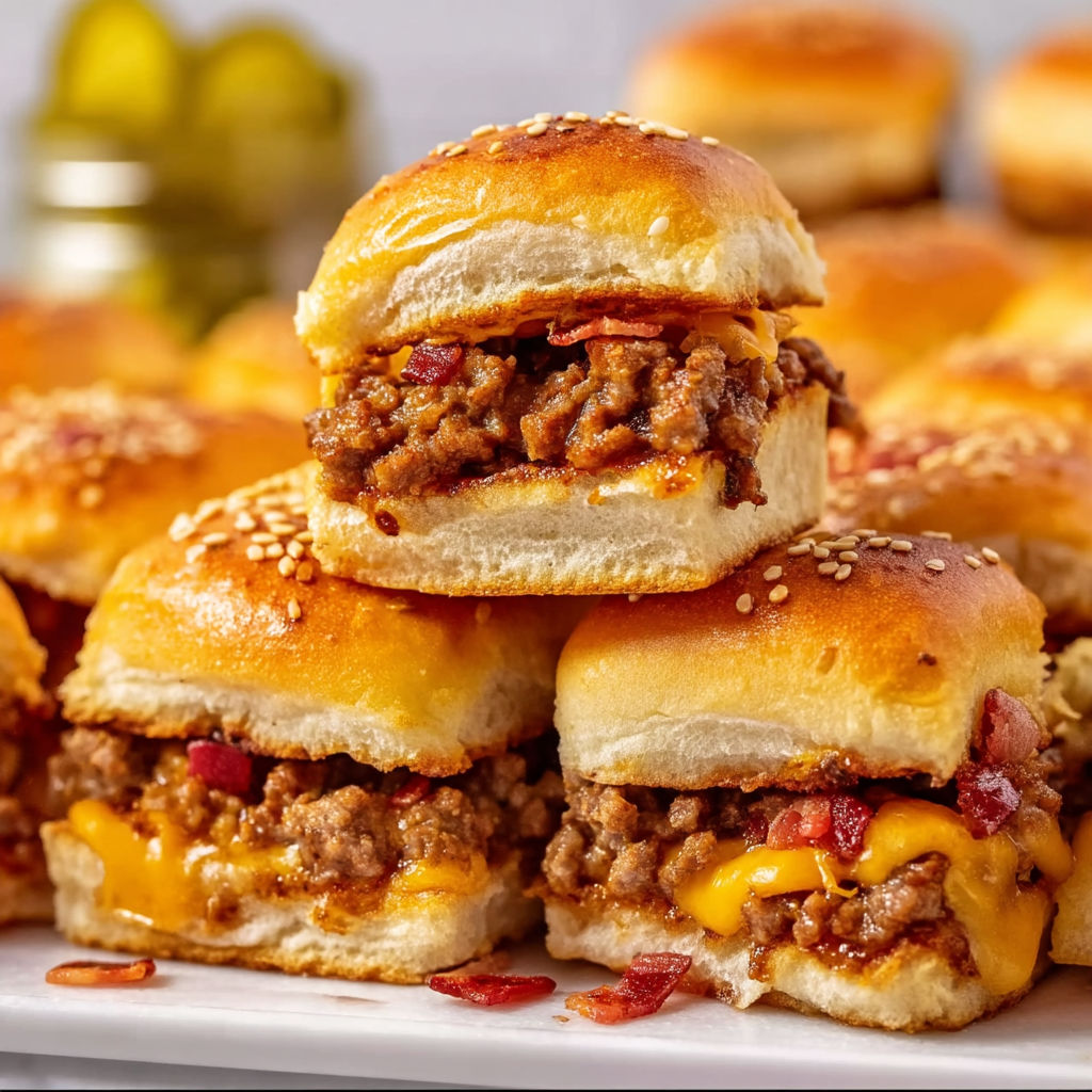 A plate of bacon cheeseburger sliders.
