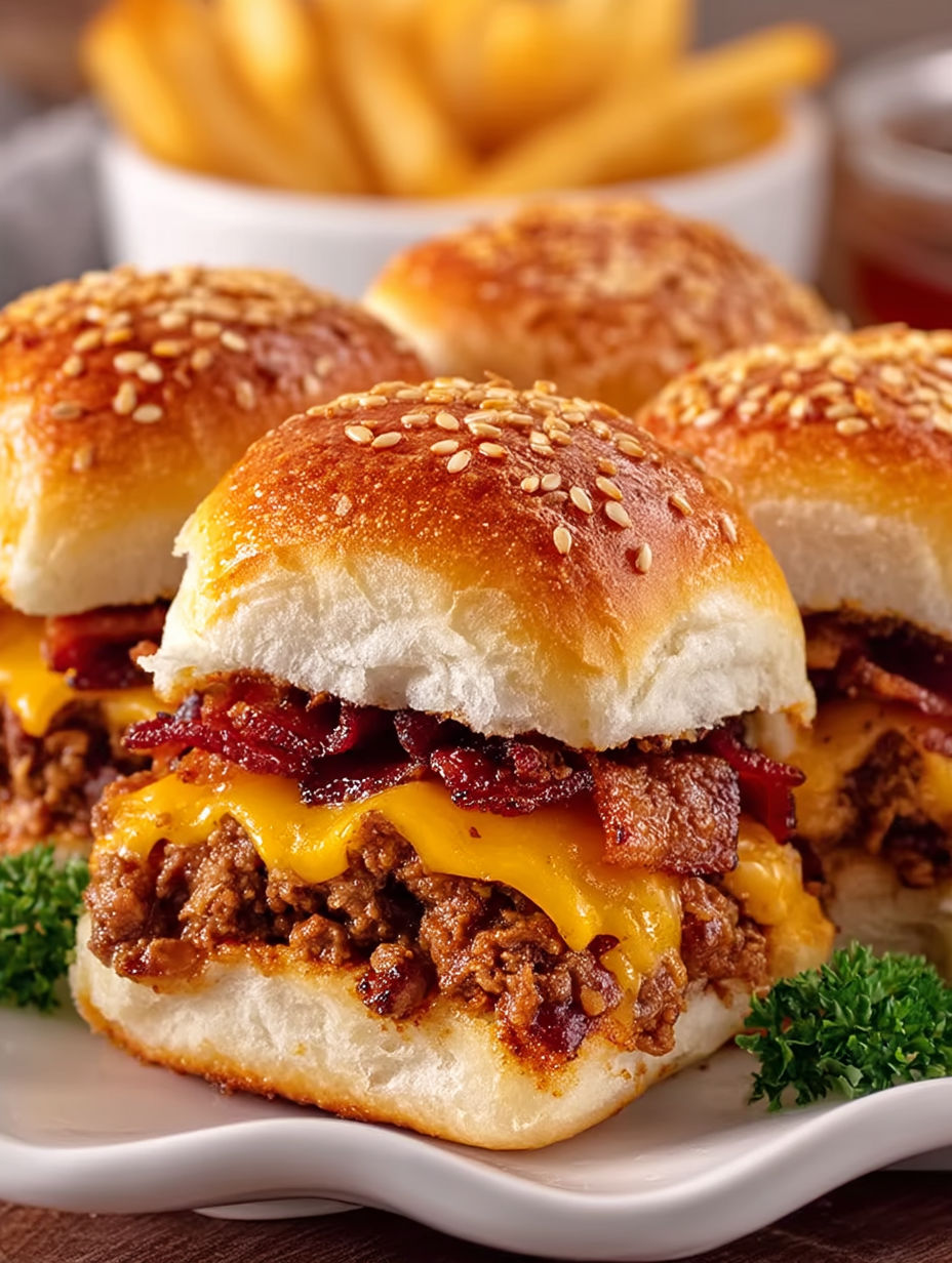Four bacon cheeseburger sliders on a plate.