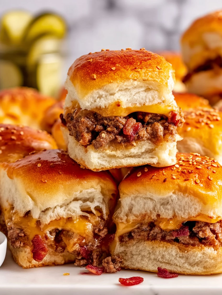 A stack of bacon cheeseburger sliders.