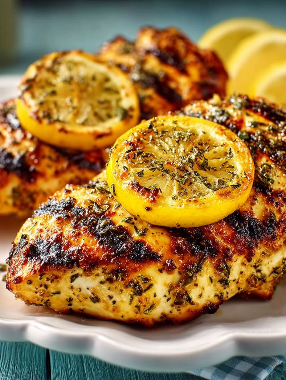 Grilled Italian Lemon Garlic Chicken with lemon slices on top.