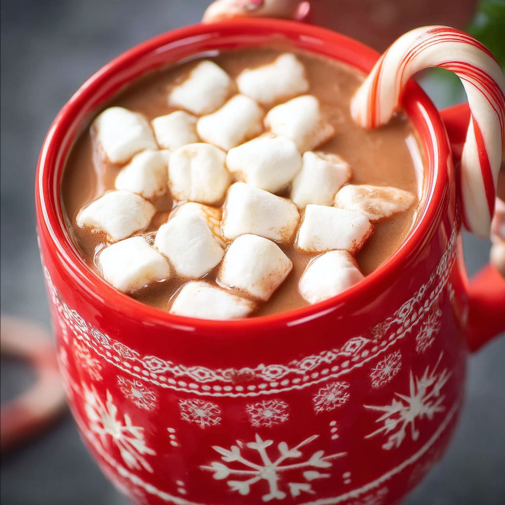 A red cup filled with marshmallows and hot chocolate.