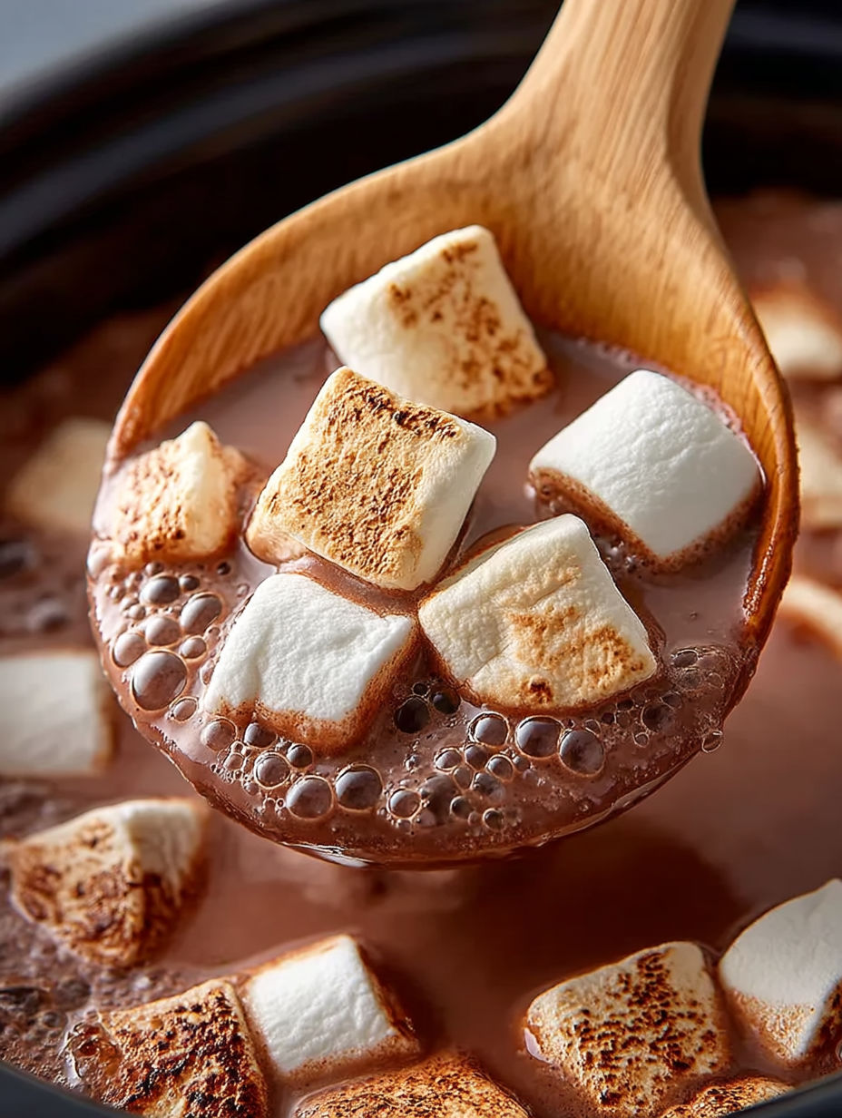 A wooden spoon in a crock pot filled with hot chocolate.