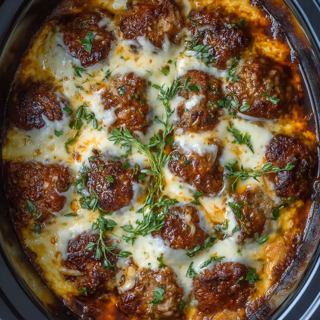 A close up of a crock pot filled with meatballs and cheese.