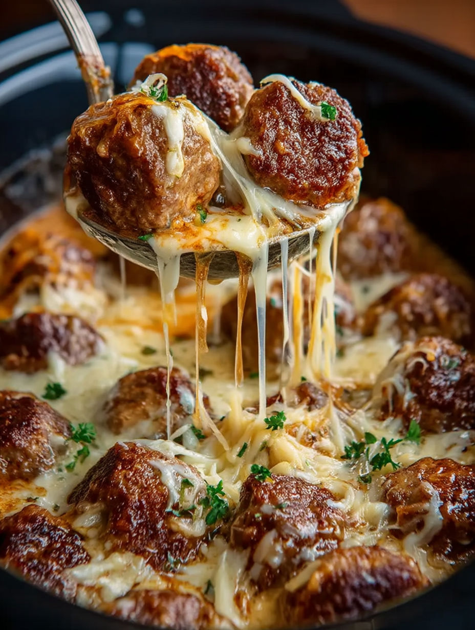 A crock pot filled with meatballs and cheese.