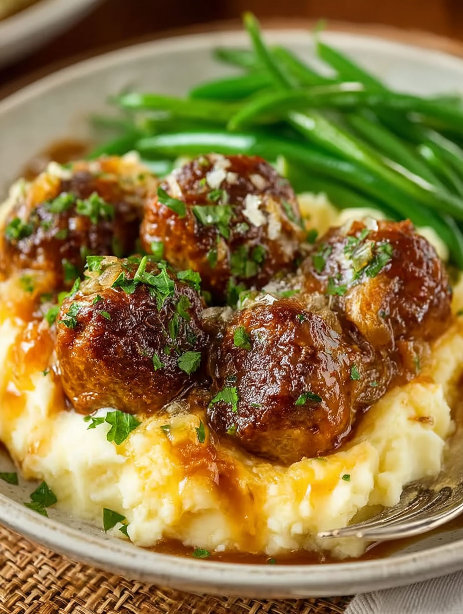 A plate of meatballs and green beans.