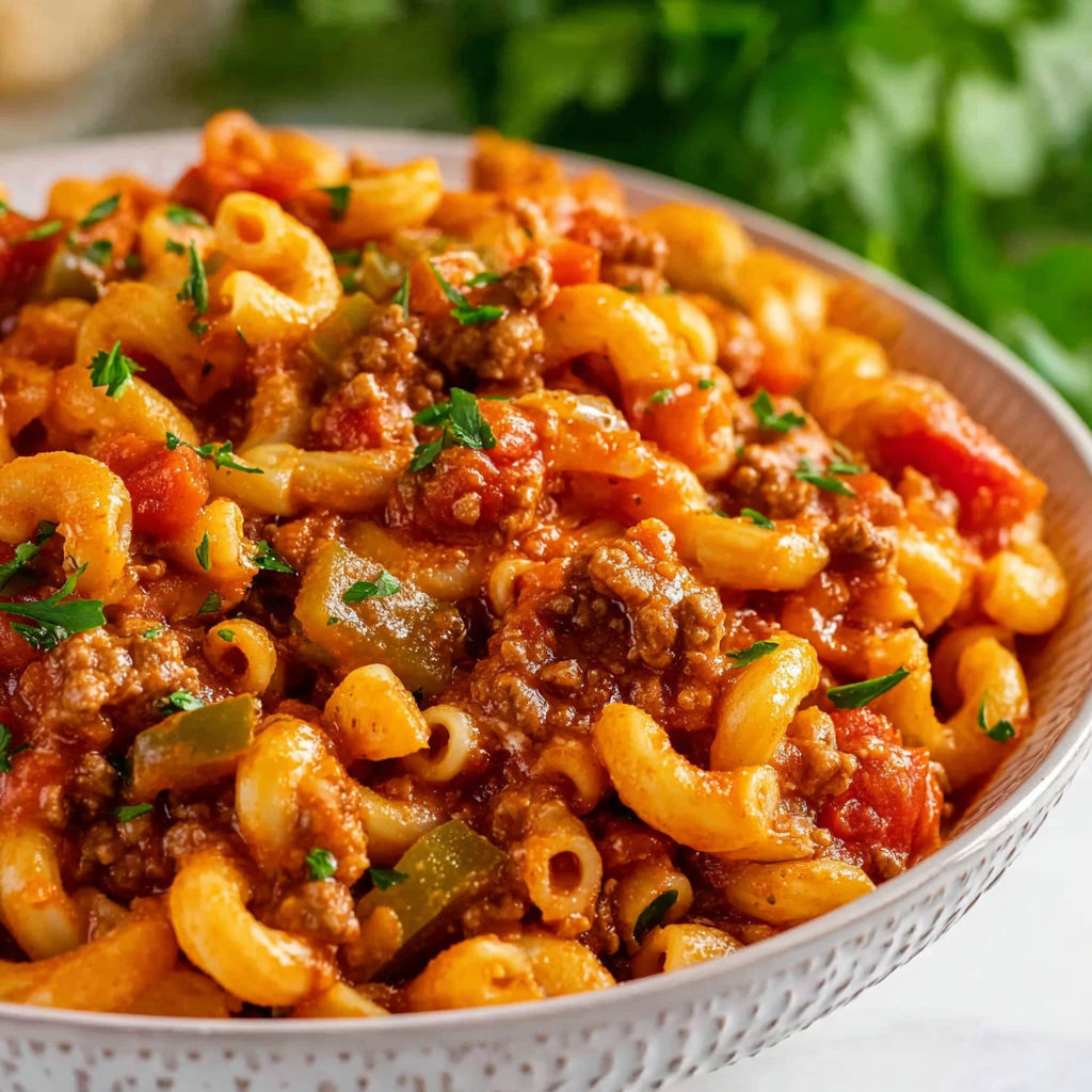 A bowl of American Goulash with pasta and meat.