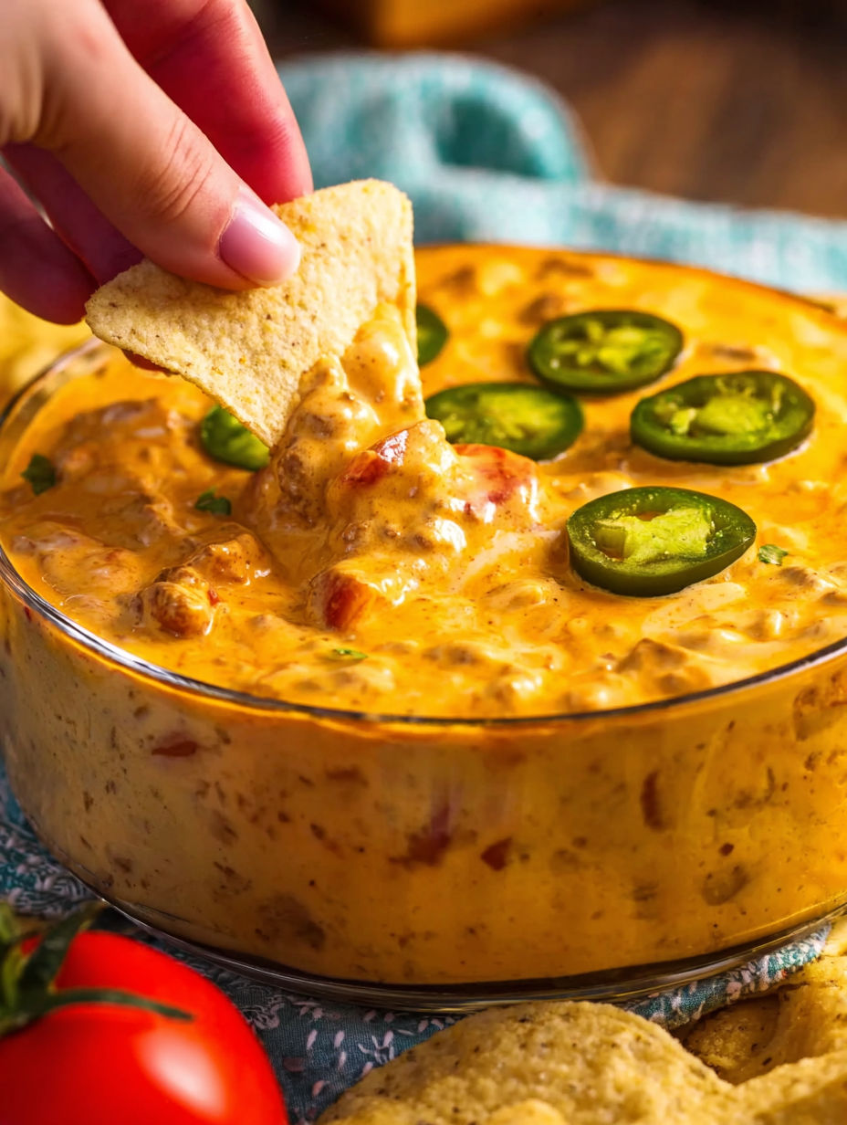 A hand is grabbing a chip from a crock pot of smoked queso dip.