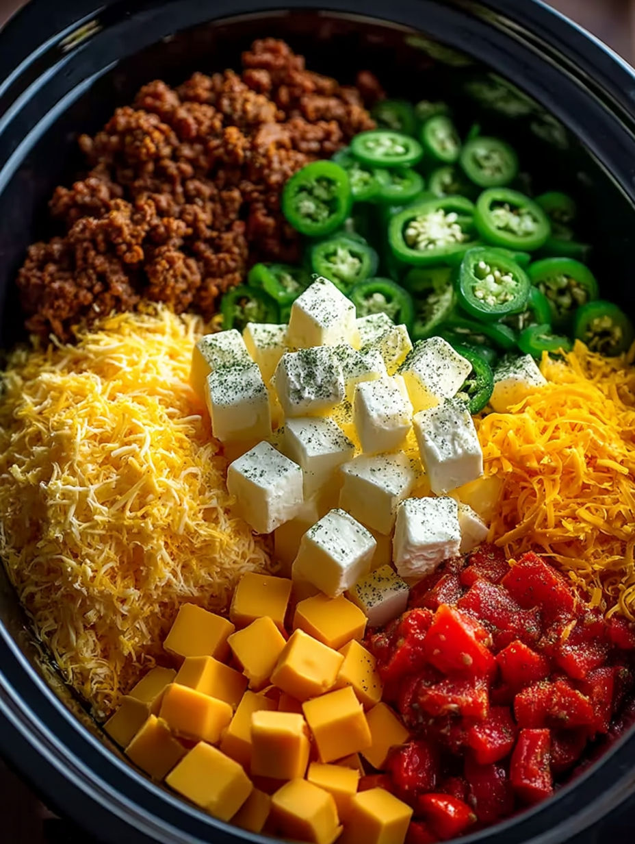 A crock pot filled with a variety of foods.